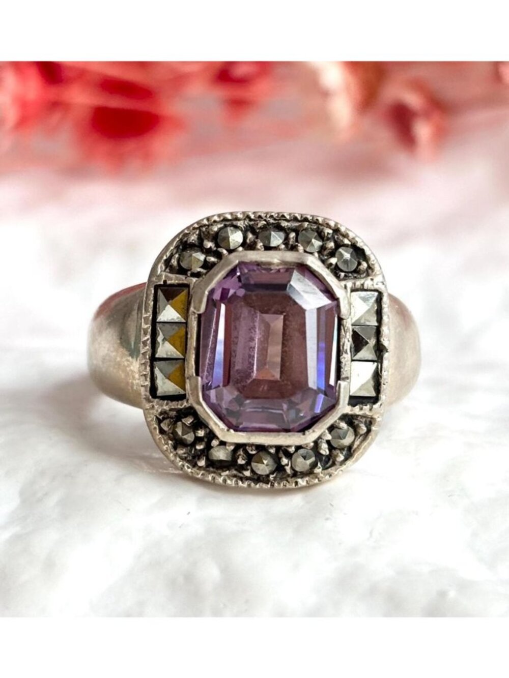 Art Deco Amethyst Gemstone Marcasite Sterling Silver 925 Vintage Ring - sz 6.75